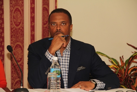 Deputy Premier and Minister of Health in the Nevis Island Administration Hon. Mark Brantley at the town hall meeting hosted by the Nevis Island Administration on November 07, 2013, at the Red Cross building in Charlestown